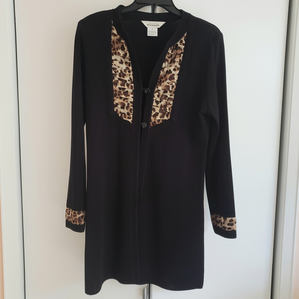 Excellent Condition Misook Black Cardigan with Animal Print Details Size S